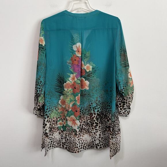 Soft Surroundings Animal Tropical Print Chiffon Blouse XL Semi Sheer‎ Roll Tab - Picture 11 of 12